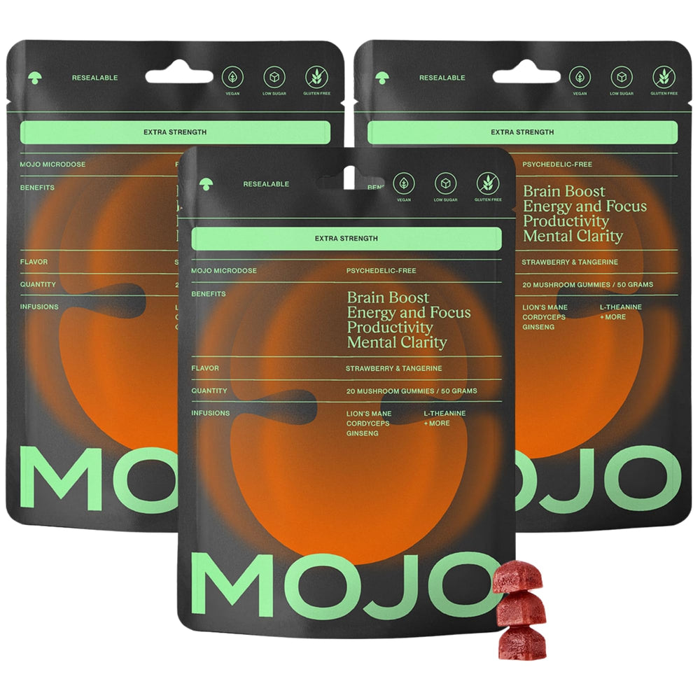 Mojo Extra Strength Focus Gummies bottle highlights lion's mane for sharper focus