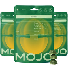 Mojo focus gummies bottle pouring with Lion’s Mane for mental sharpness