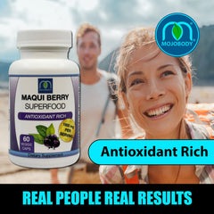 MOJObody Maqui Berry Capsules label close-up communicates organic freeze dried maqui quality