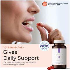 Molecular Fertility CoQ10 ubiquinol capsules closeup demonstrates easy daily dosing.