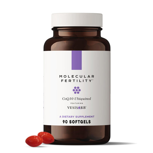 Molecular Fertility CoQ10 ubiquinol VesIsorb bottle highlights high absorption for reproductive wellness.