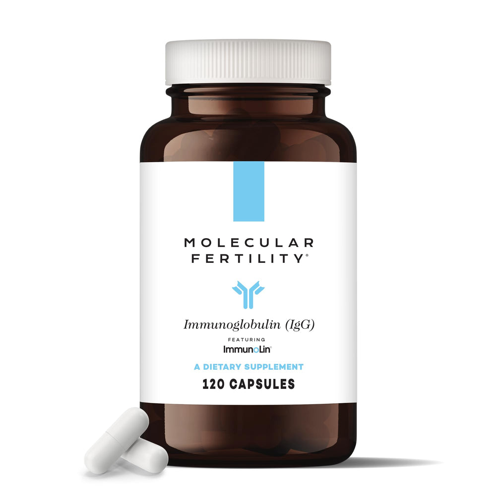 Molecular Fertility Immunoglobulin bottle label highlighting dairy-free immune support