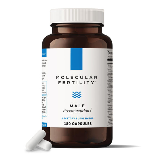 Molecular Fertility Male Preconception bottle with capsules for reproductive cell support.