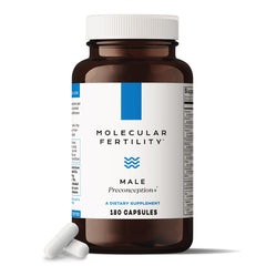 Molecular Fertility Male Preconception bottle with capsules for reproductive cell support.