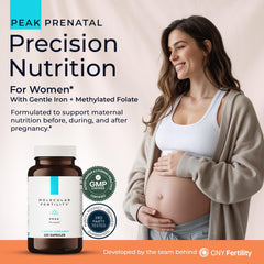 Molecular Fertility Peak Prenatal packaging detail highlights quality and clinic-backed formulation