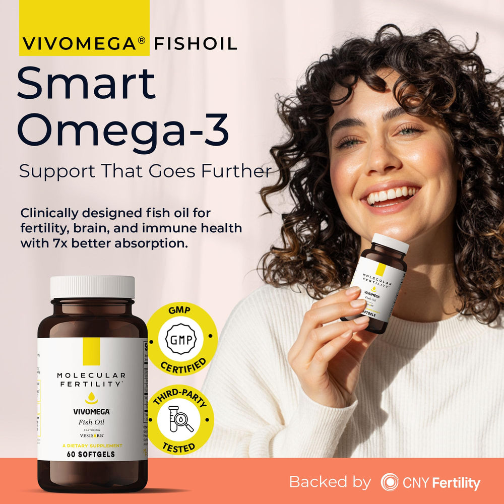 Molecular Fertility VIVOMEGA softgels close-up highlighting gentle digestion