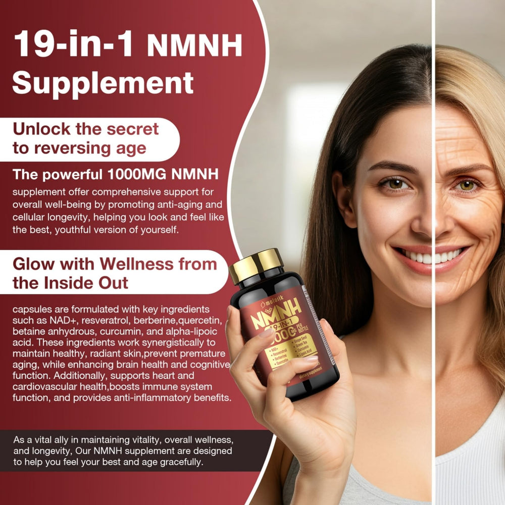 Molorik Pure NMNH capsules close-up, highlighting 1000mg per serving and energy support.