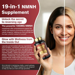 Molorik Pure NMNH capsules close-up, highlighting 1000mg per serving and energy support.