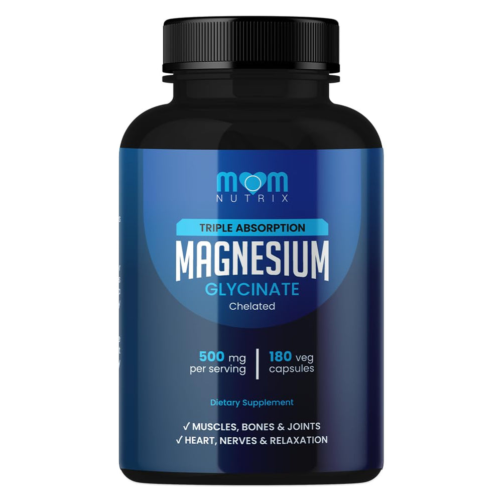 MOM NUTRIX magnesium glycinate bottle highlighting high-purity magnesium.