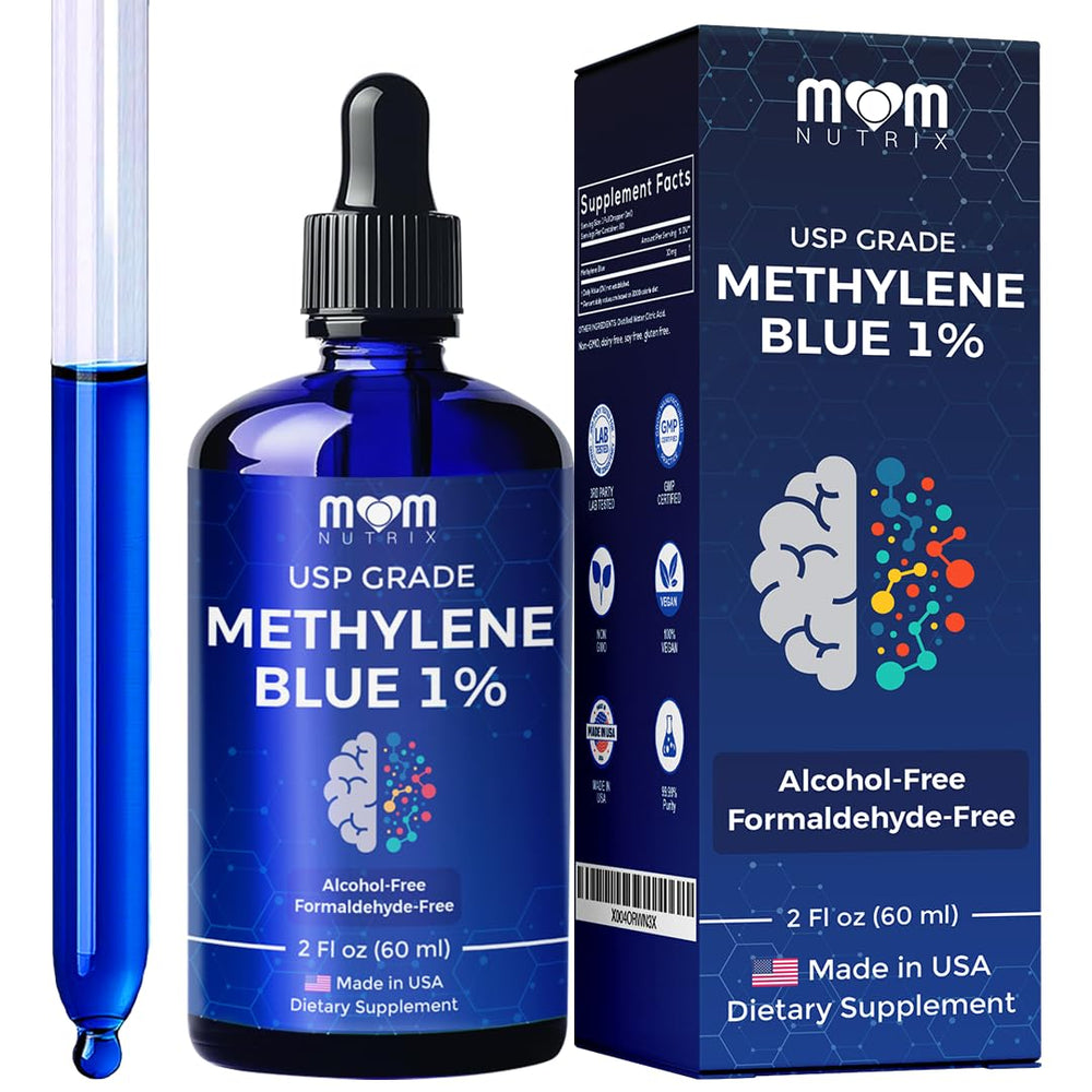 MOM NUTRIX Methylene Blue bottle close-up, purity for focused thinking.