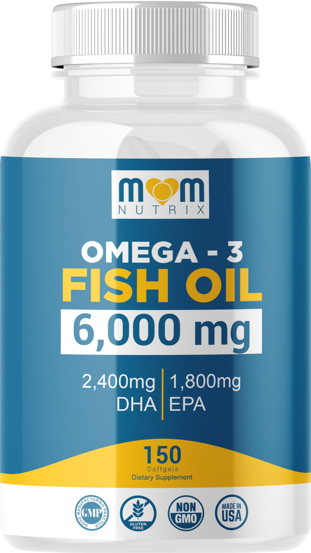 MOM NUTRIX Omega 3 bottle front shows maximum EPA/DHA for heart and brain support.