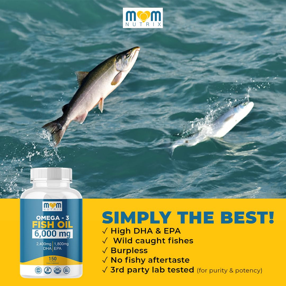 MOM NUTRIX Omega 3 wild-caught fish oil highlights sustainable source.