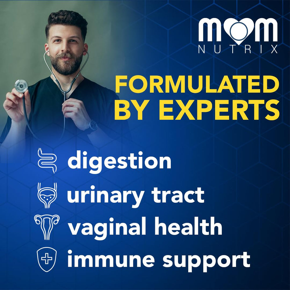 Label detail on MOM NUTRIX probiotic emphasizing shelf-stable and non-GMO features.