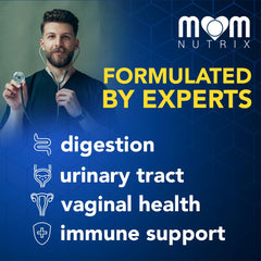 Label detail on MOM NUTRIX probiotic emphasizing shelf-stable and non-GMO features.