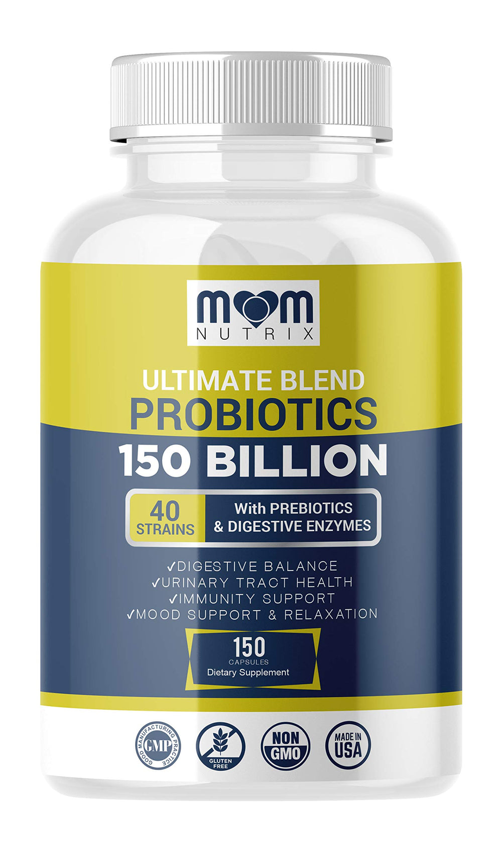 Mom Nutrix Probiotics bottle shows 150B CFU and 40 strains for gut health