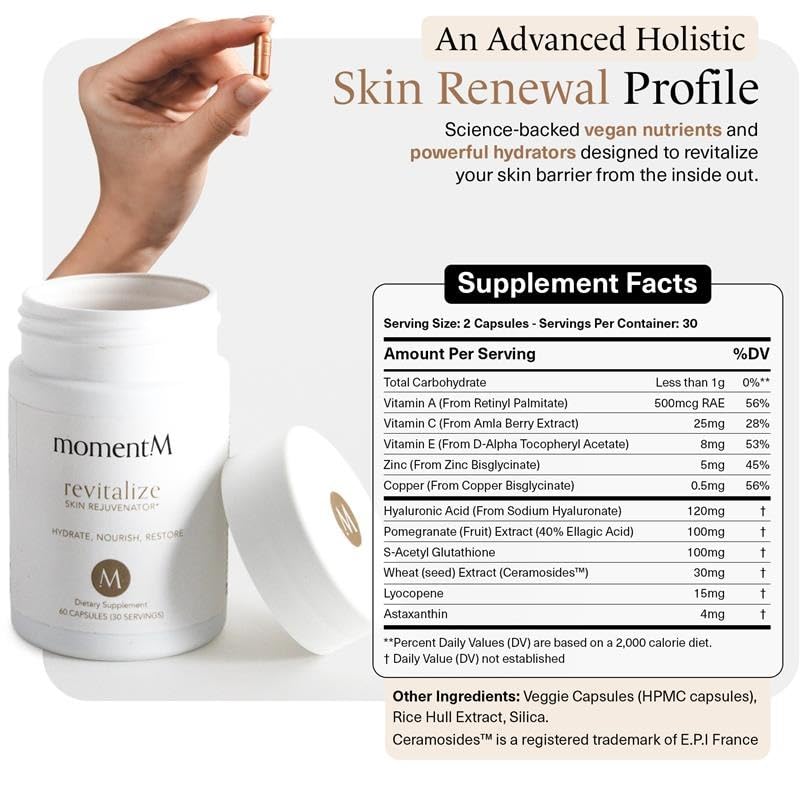 MomentM Revitalize daily-use packaging promoting a simple two-capsule routine