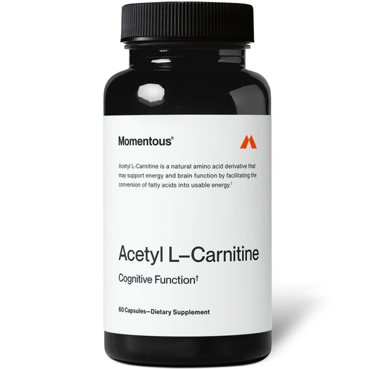 Momentous Acetyl L-Carnitine bottle close-up for focused thinking and energy