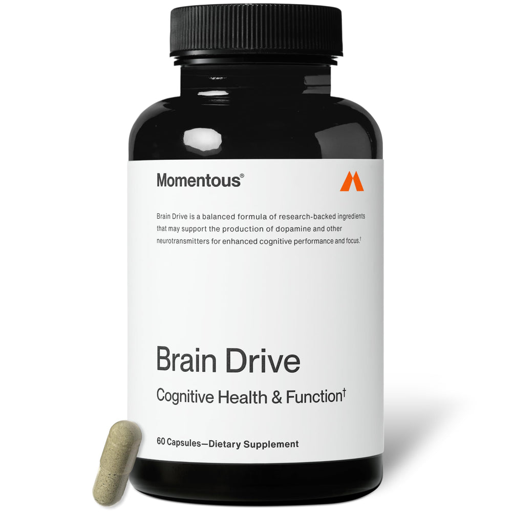 Momentous Brain Drive bottle front showing bold branding for quick recognition.