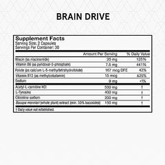 Momentous Brain Drive bottle label close-up highlighting NSF certification and ingredients.