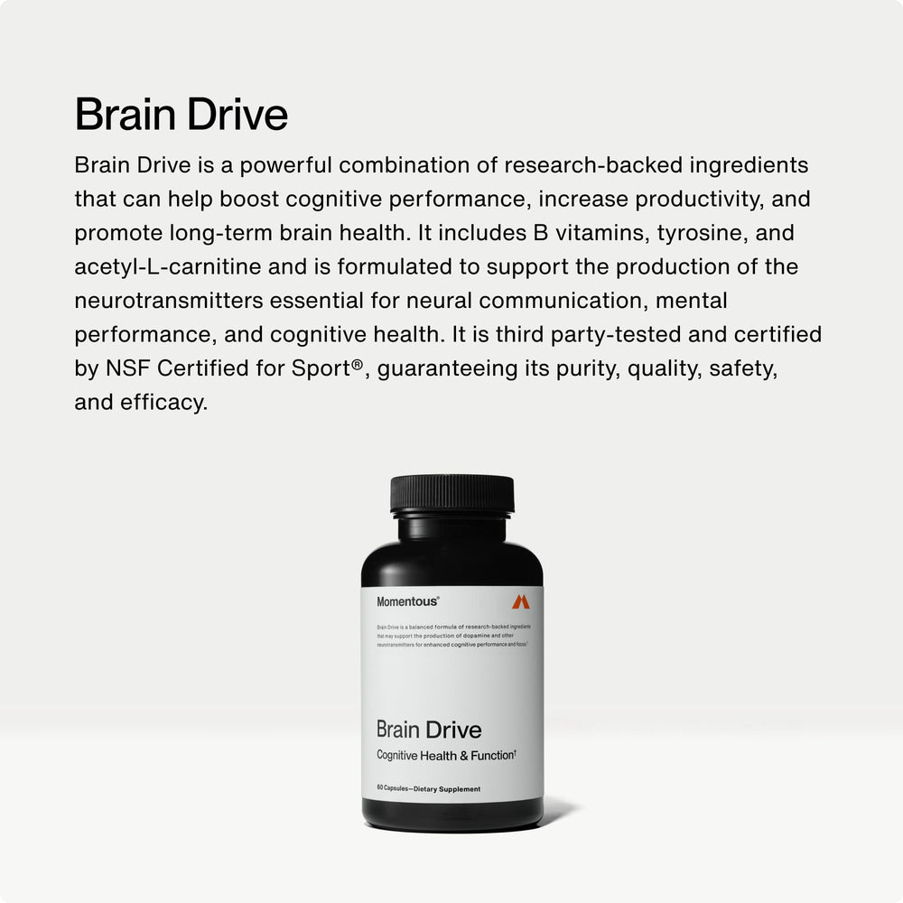 Momentous Brain Drive capsules close-up emphasizing high-purity nootropic ingredients.