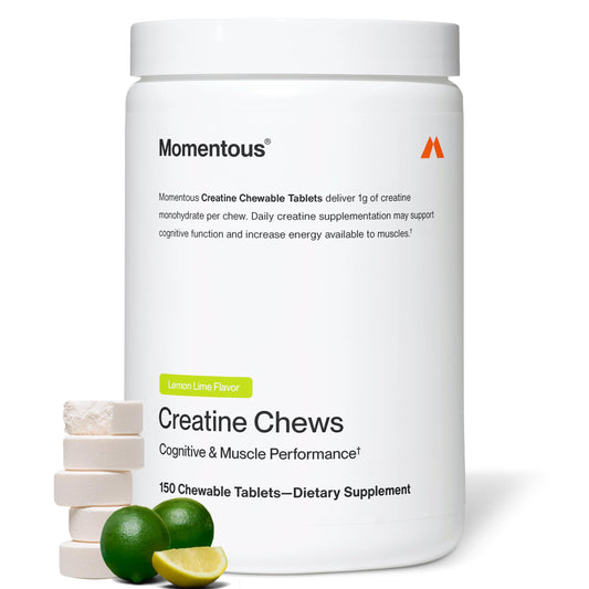Momentous Creatine Chews bottle front showing lemon-lime flavor and convenient chewable form.
