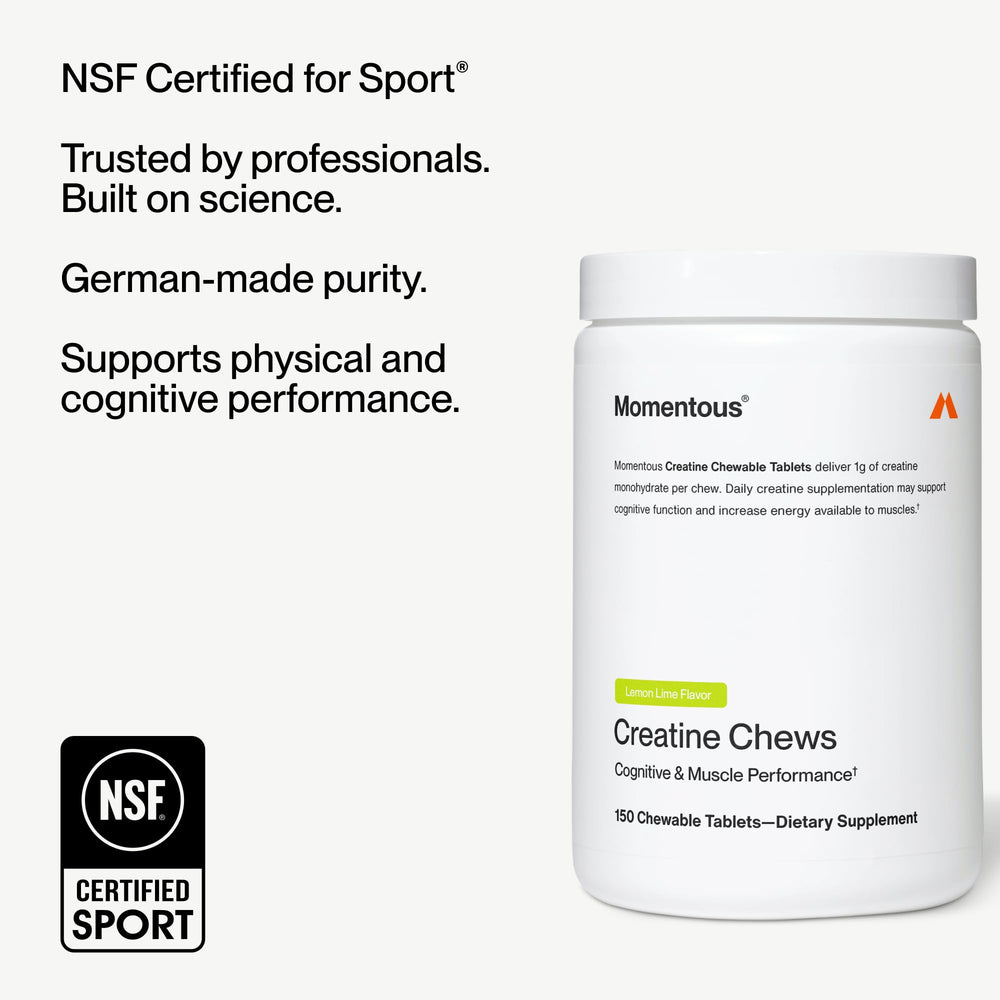 Momentous Creatine Chews dispensing pour demonstrates portable use.