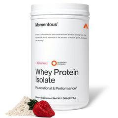 Momentous Essential Grass-Fed Whey bottle with strawberry flavor for post-workout protein