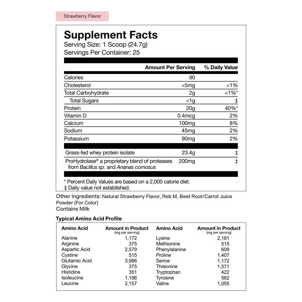 Momentous Essential Grass-Fed Whey foam-top glass showcasing rich strawberry flavor