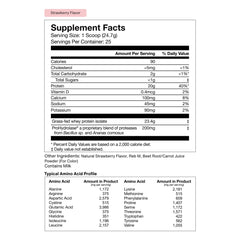 Momentous Essential Grass-Fed Whey foam-top glass showcasing rich strawberry flavor