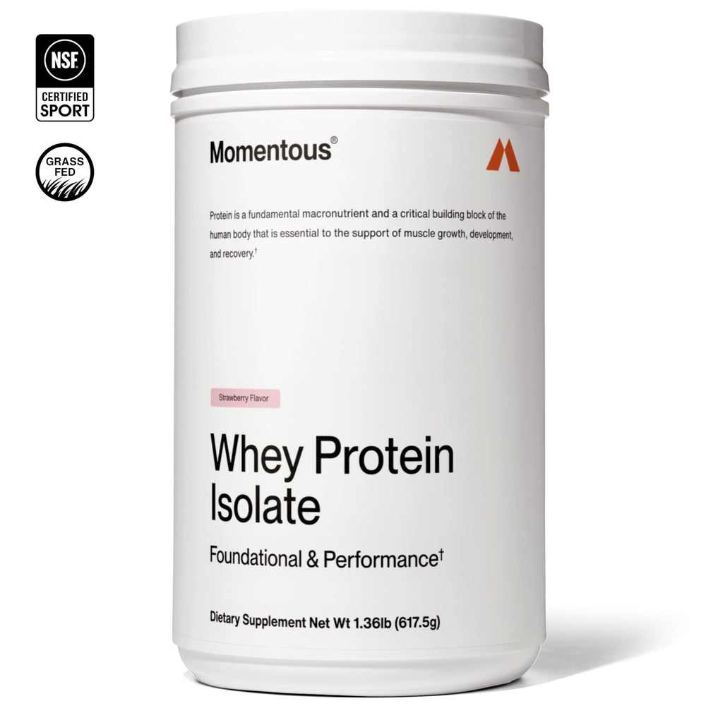 Momentous Essential Grass-Fed Whey scoop beside bottle for convenient daily protein