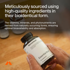 Momentous Essential Multivitamin bottle with broccoli seed phytonutrients emphasizes antioxidant support.