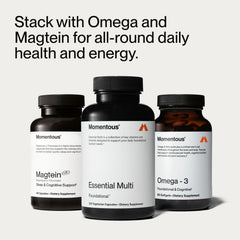 Momentous Essential Multivitamin four-capsule serving note suggests adjustable daily dosing.