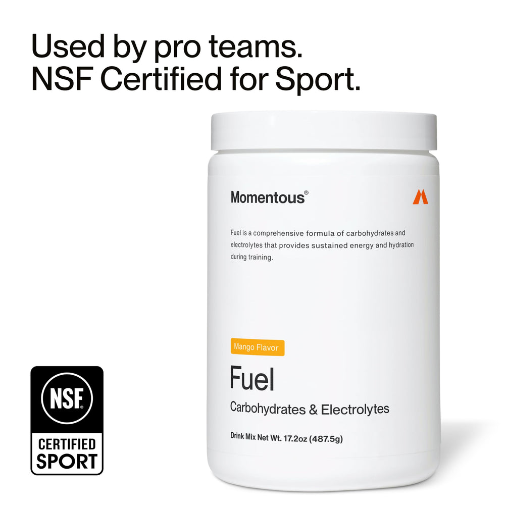 NSF Certified for Sport badge on Momentous Fuel Mango packaging.