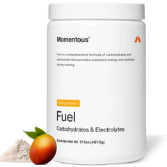 Momentous Fuel Mango powder scoop ready to mix for steady workout energy.
