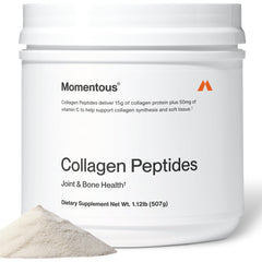 Momentous Grass-Fed Collagen Powder tub ready for daily use, suggesting overall wellness support