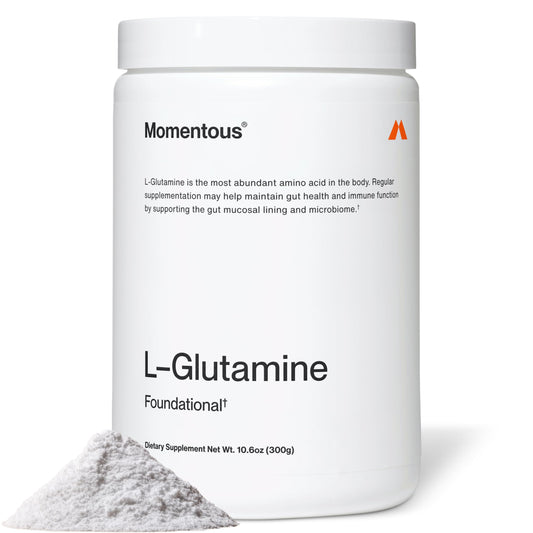 Momentous L-Glutamine Powder bottle label highlighting gut health support.