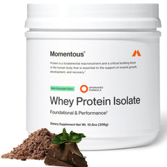 Momentous mint-chocolate whey bottle for post-workout recovery and refuel.