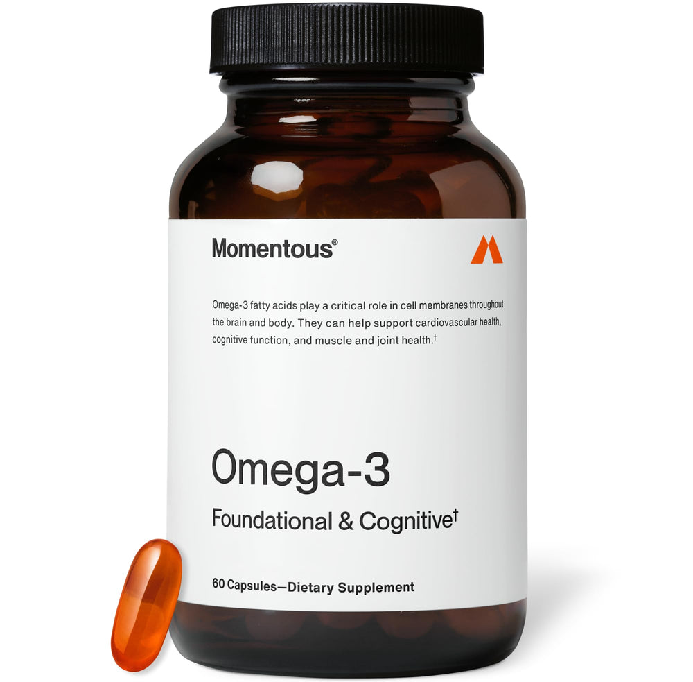 Momentous Omega-3 fish oil bottle front highlighting potency