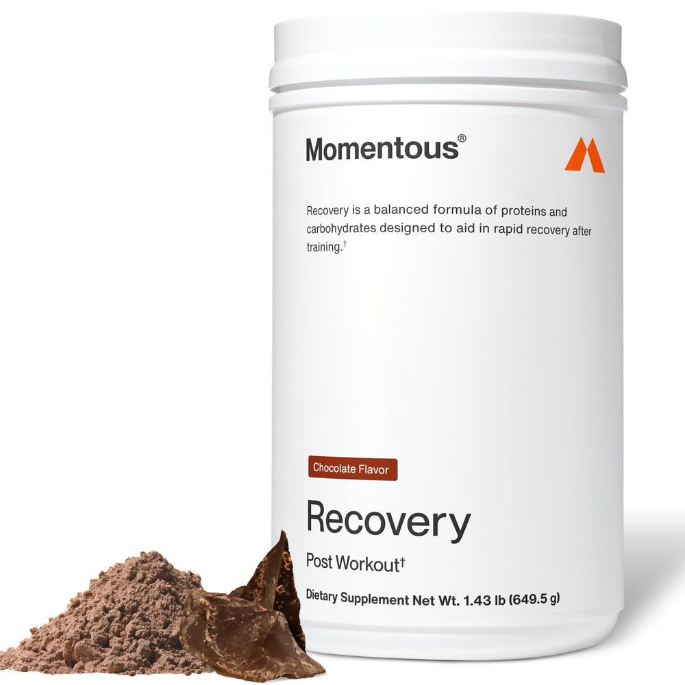 Momentous Recovery chocolate bottle shows grass-fed whey post-workout support