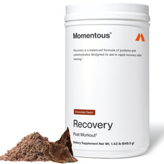 Momentous Recovery chocolate bottle shows grass-fed whey post-workout support