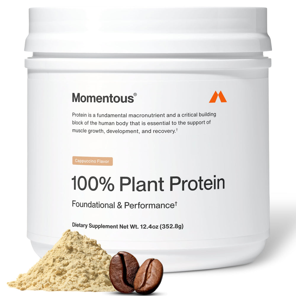 Momentous Vegan Protein Powder Cappuccino tub front, a dairy-free protein option