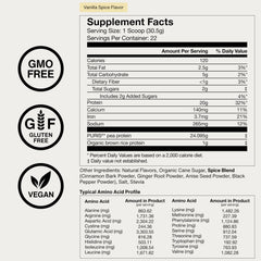 Momentous Vegan Protein Powder Vanilla Spice dairy-free formula on container.