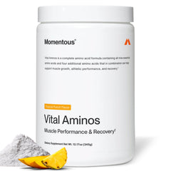Momentous Vital Aminos Tropical Punch bottle closeup highlighting a high-protein amino acid blend for workouts.