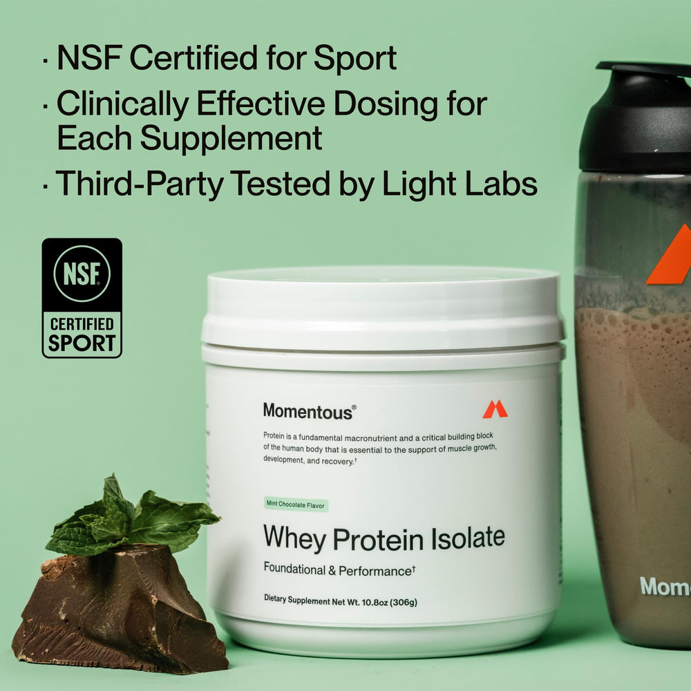 Momentous whey powder tub label highlights NSF certification and 20 g servings.
