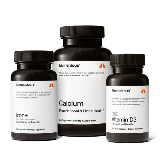 Momentous Women's Three bottle front shows Iron+, Calcium, and D3 formula for everyday energy