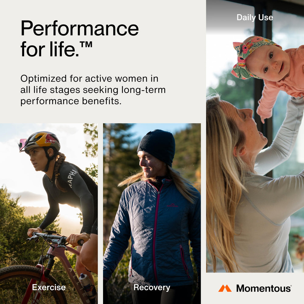 Momentous Women's Three NSF badge on packaging signals trusted sport-grade nutrition