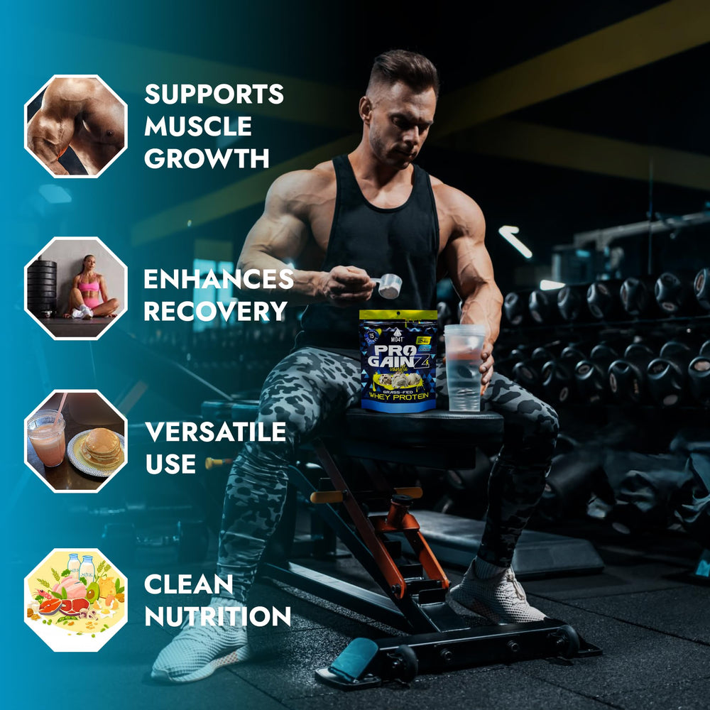 MOMOF4TRANSFORM ProGainz 24g protein per serving label for lean muscle support.