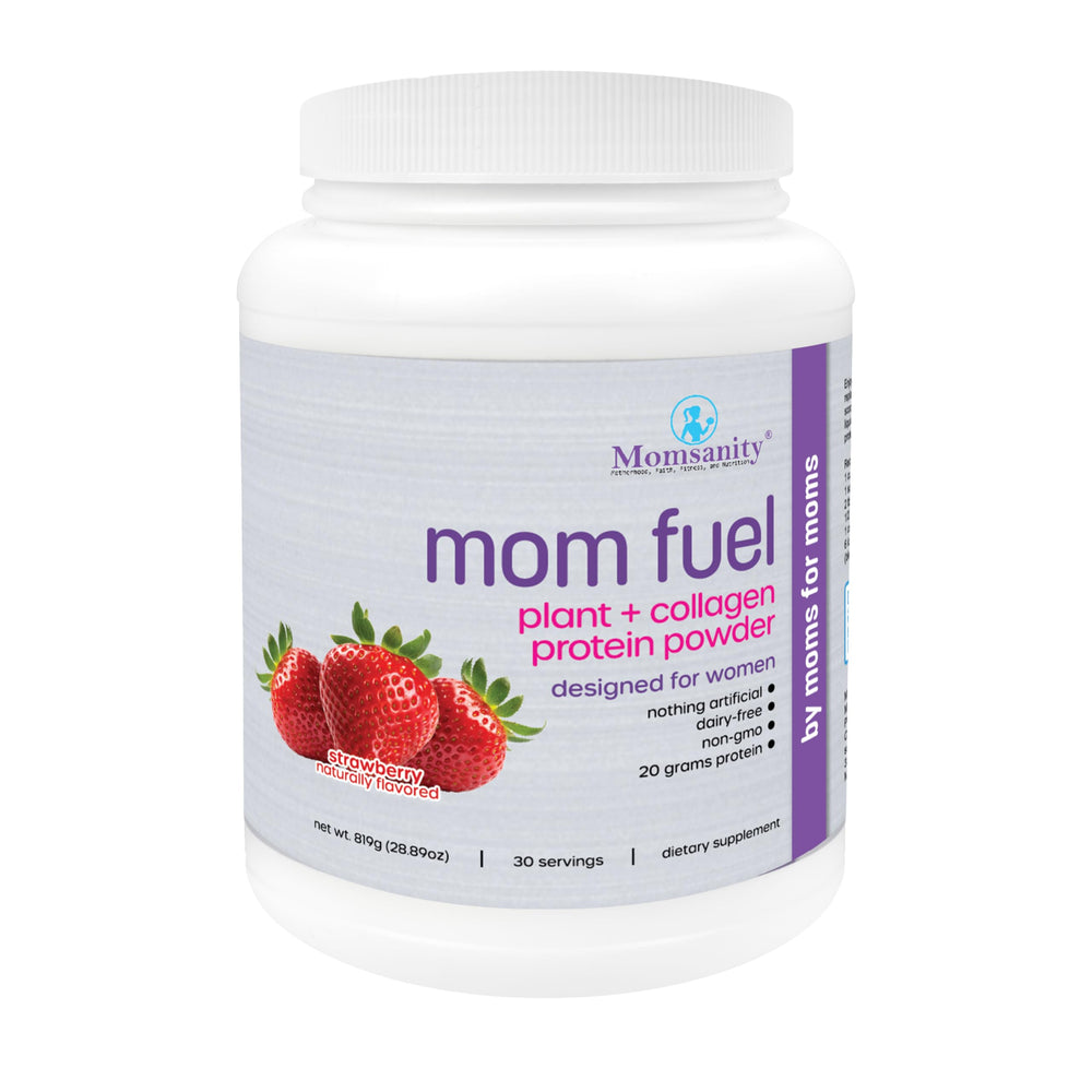 Momsanity MOM FUEL strawberry bottle highlights a dairy-free protein blend for meal replacement.