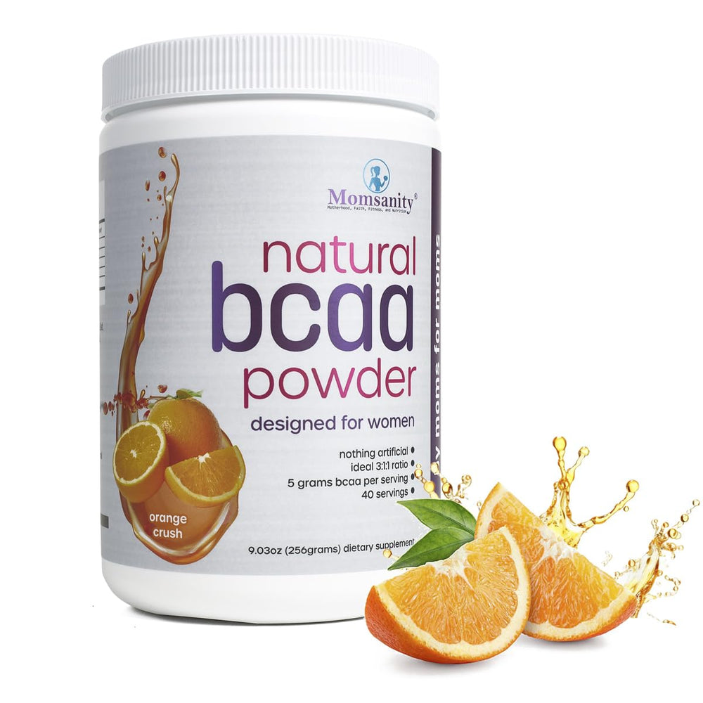 Momsanity Orange Crush BCAA powder with scoop ready to mix in a refreshing workout drink