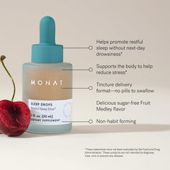 MONAT Sleep Drops bottle on nightstand inviting a tranquil end to the day